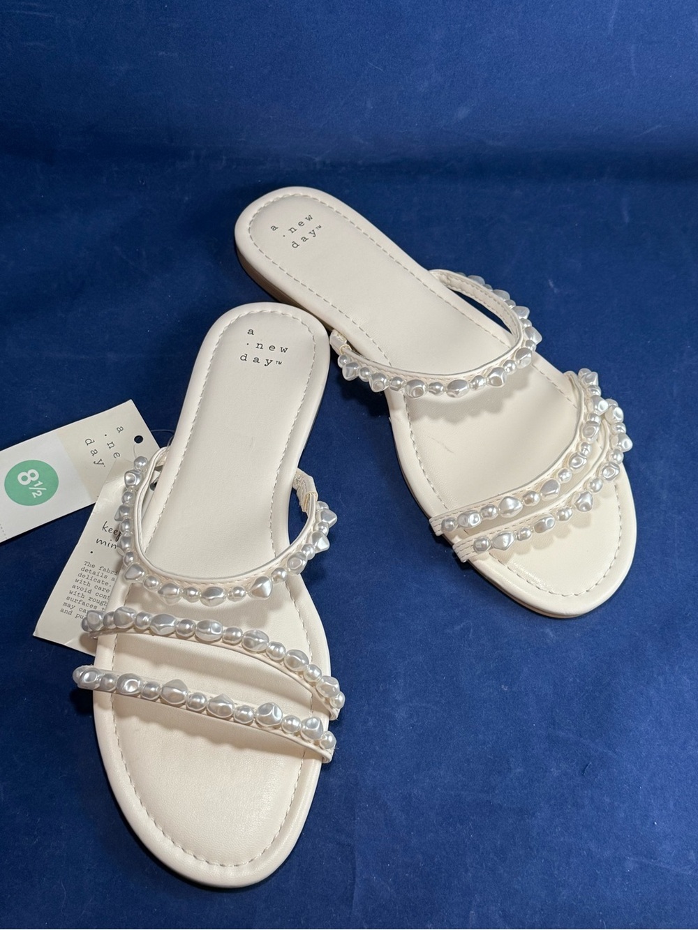 Size 8.5 a new day White Pearl-Embellished Slide Sandals beach wedding